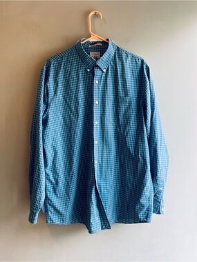 L.L. Bean Bundle (2) Large Wrinkle Resistant Teal Blue Grid Button-Down Shirts